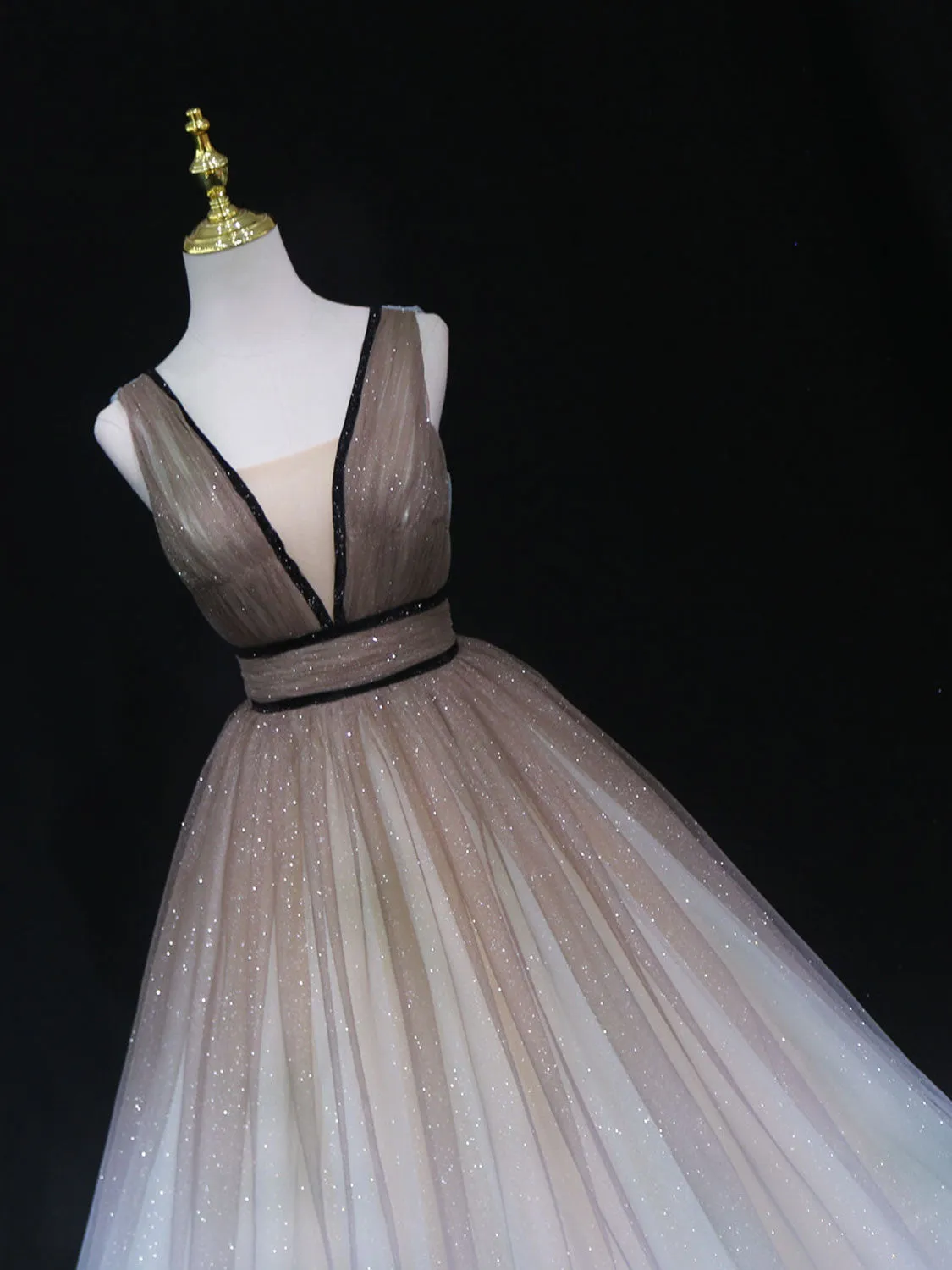 Unique A line v neck tulle sequin brown long prom dress