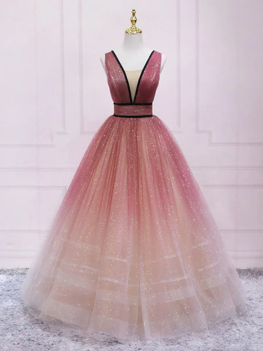 Unique A line v neck tulle sequin brown long prom dress