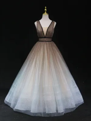 Unique A line v neck tulle sequin brown long prom dress