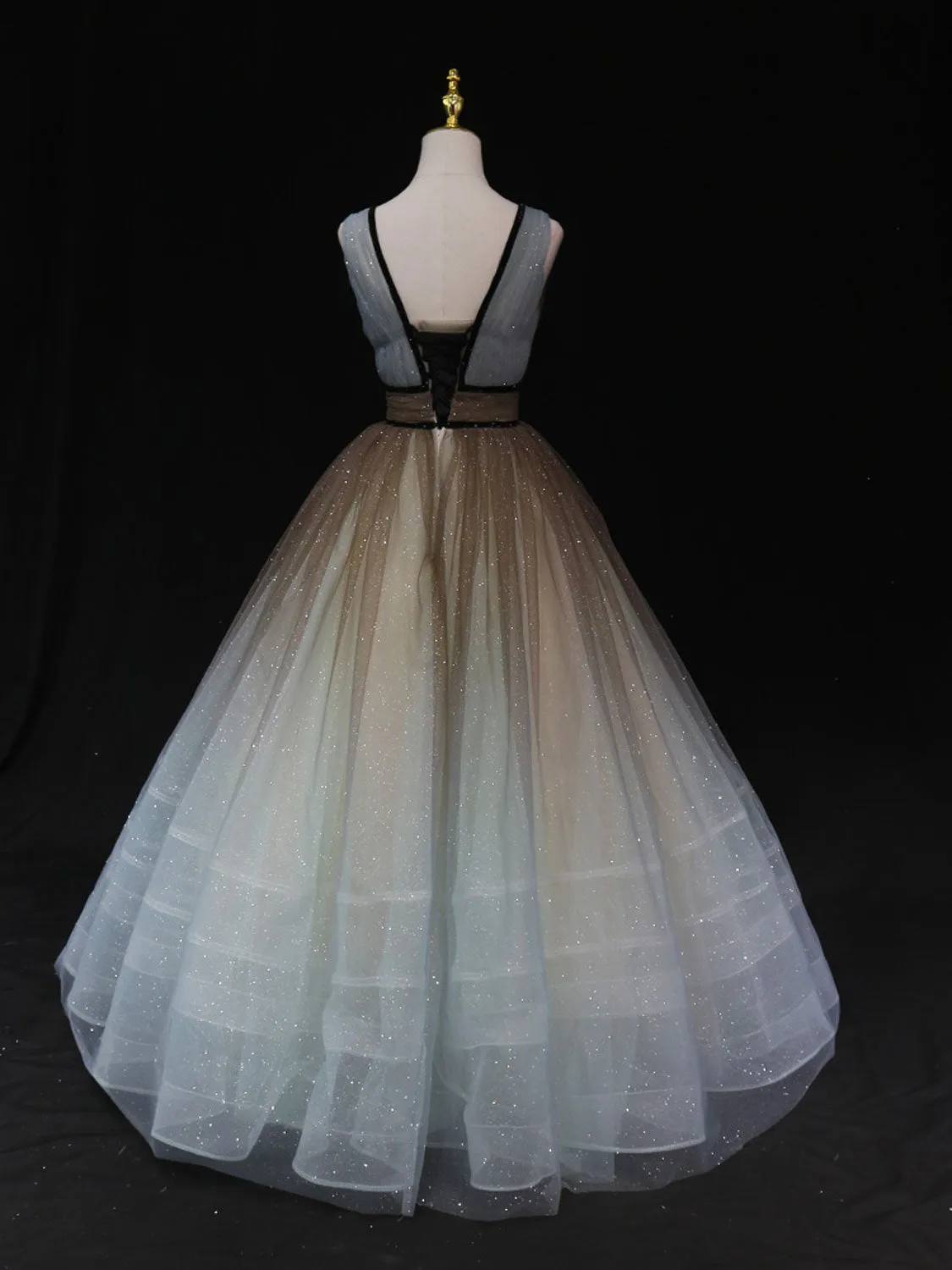 Unique A line v neck tulle sequin brown long prom dress