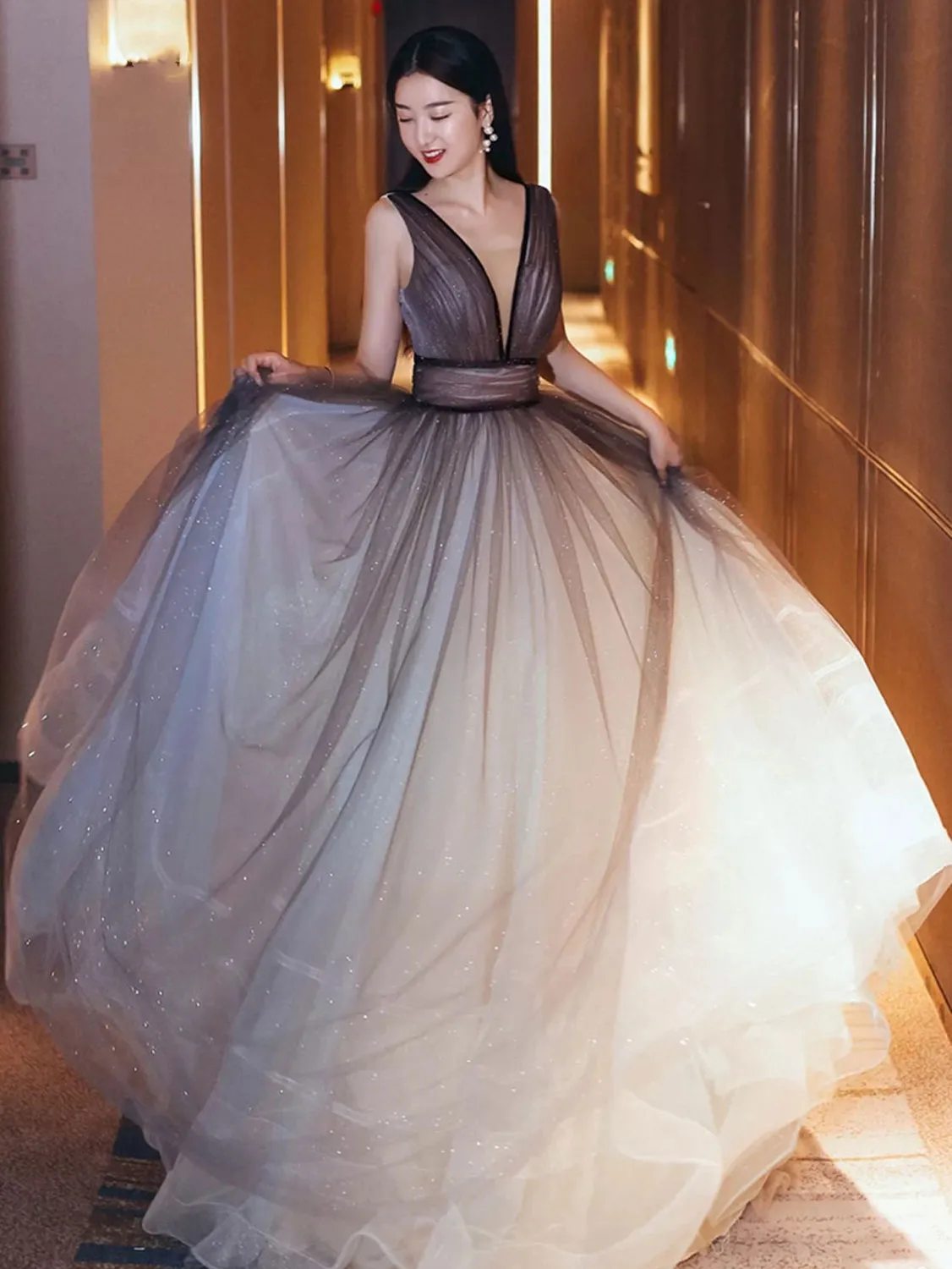 Unique A line v neck tulle sequin brown long prom dress