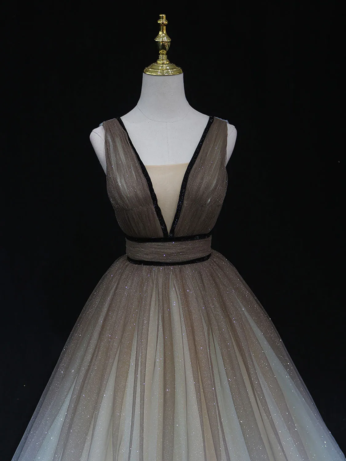 Unique A line v neck tulle sequin brown long prom dress