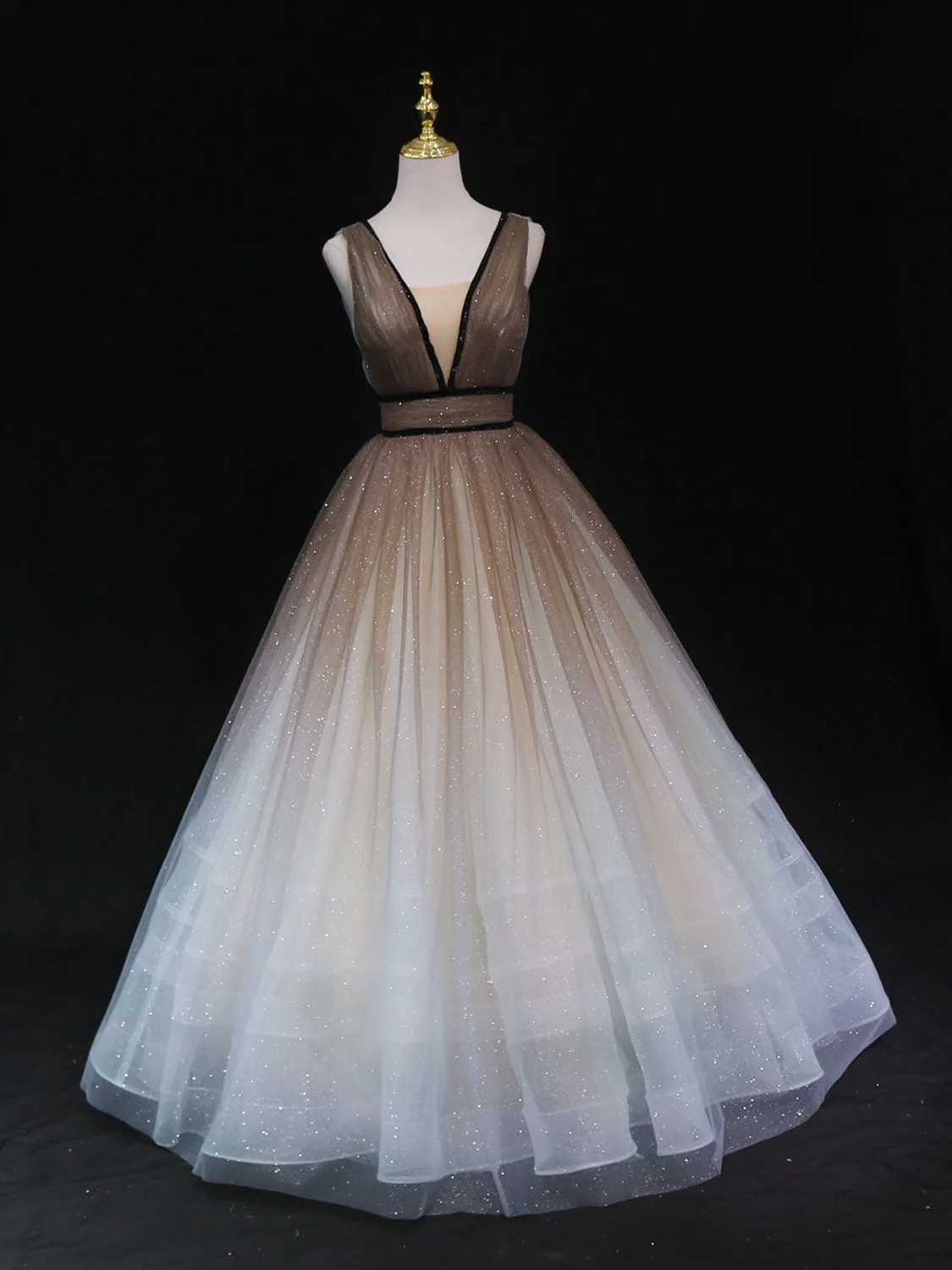 Unique A line v neck tulle sequin brown long prom dress