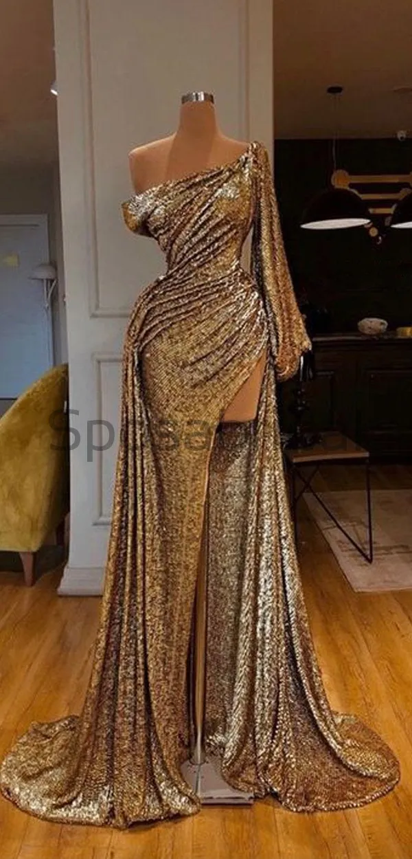 Unique Design Gold One Shoulder Side Slit Fashion Modest Mermaid Prom Dresses PD1457