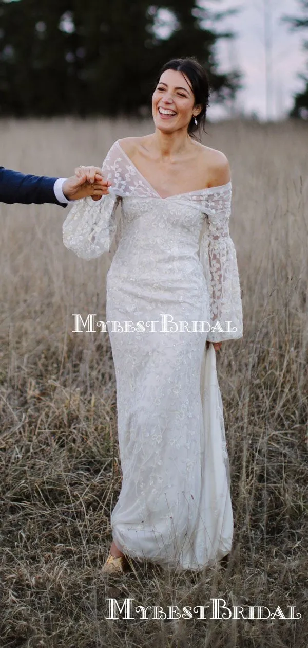 Unique Design Off-The-Shoulder Long Sleeves Lace Mermaid Long Cheap Wedding Dresses, WDS0017