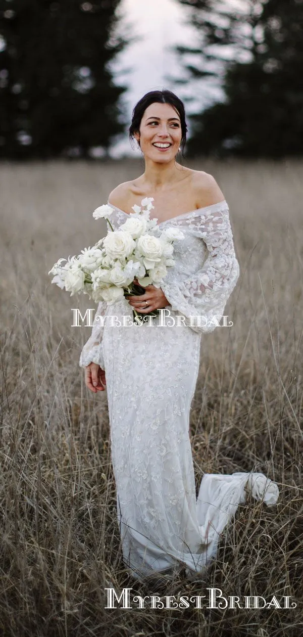 Unique Design Off-The-Shoulder Long Sleeves Lace Mermaid Long Cheap Wedding Dresses, WDS0017
