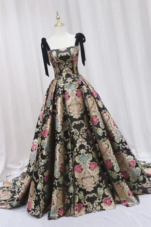 Unique Floral Floor Length Prom Dress, A Line Black Evening Dress APP0794