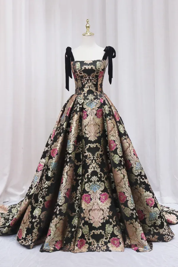 Unique Floral Floor Length Prom Dress, A Line Black Evening Dress APP0794