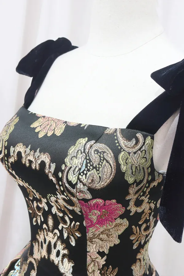 Unique Floral Floor Length Prom Dress, A Line Black Evening Dress APP0794