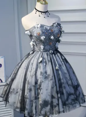 Unique Grey Floral Sweetheart Short Party Dress, Homecoming Dress