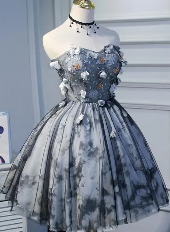 Unique Grey Floral Sweetheart Short Party Dress, Homecoming Dress