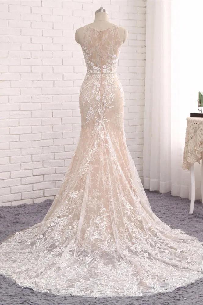 Unique Mermaid White Sleeveless Prom Dresses,Lace Long Sweep Train Wedding Dress OK636