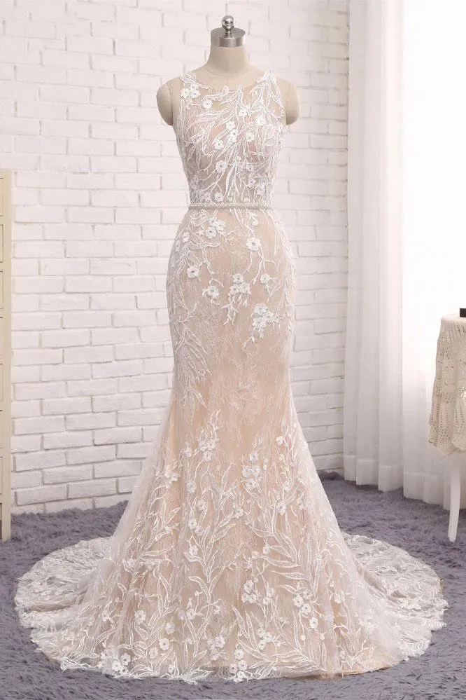 Unique Mermaid White Sleeveless Prom Dresses,Lace Long Sweep Train Wedding Dress OK636