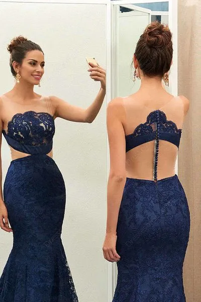 Unique Navy Blue Lace See-through Round Neck Mermaid Floor-length Prom Dresses OK986