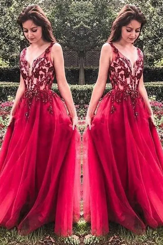 Unique Red V Neck Tulle Appliques Prom Dress, Long Party Gowns OKH15