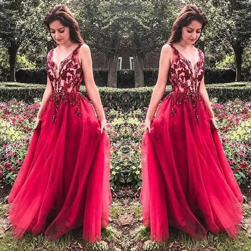 Unique Red V Neck Tulle Appliques Prom Dress, Long Party Gowns OKH15