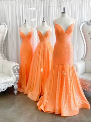 Unique sequin orange long prom dress orange long formal dress