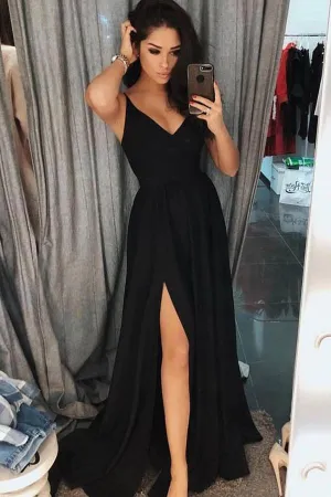 Unique Simple Chiffon Black Slit Spaghetti Straps A Line Prom Dresses, MP302