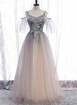 Unique Tulle Gradient Off Shoulder Long Party Dress, Tulle with Lace Prom Dresses