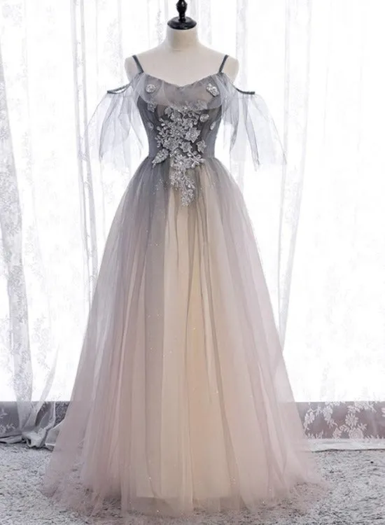 Unique Tulle Gradient Off Shoulder Long Party Dress, Tulle with Lace Prom Dresses