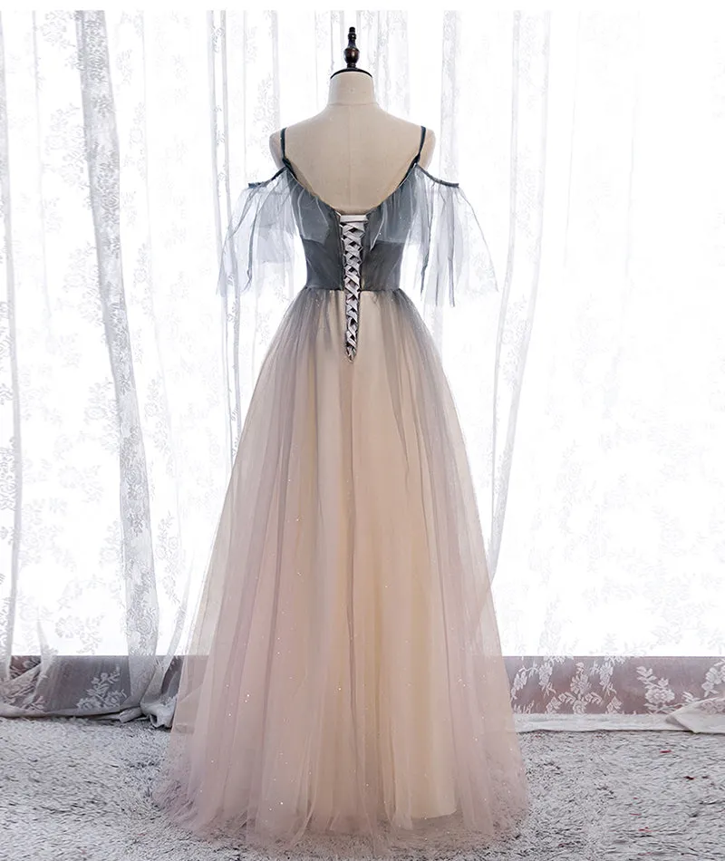 Unique Tulle Gradient Off Shoulder Long Party Dress, Tulle with Lace Prom Dresses