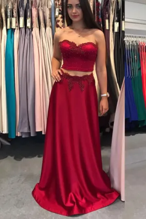 Unique Two Piece Long Satin Sweetheart Burgundy Prom Dresses OKA19
