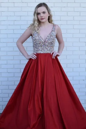 Unique V Neck Red Long Beading A Line Sleeveless Prom Dresses OK951
